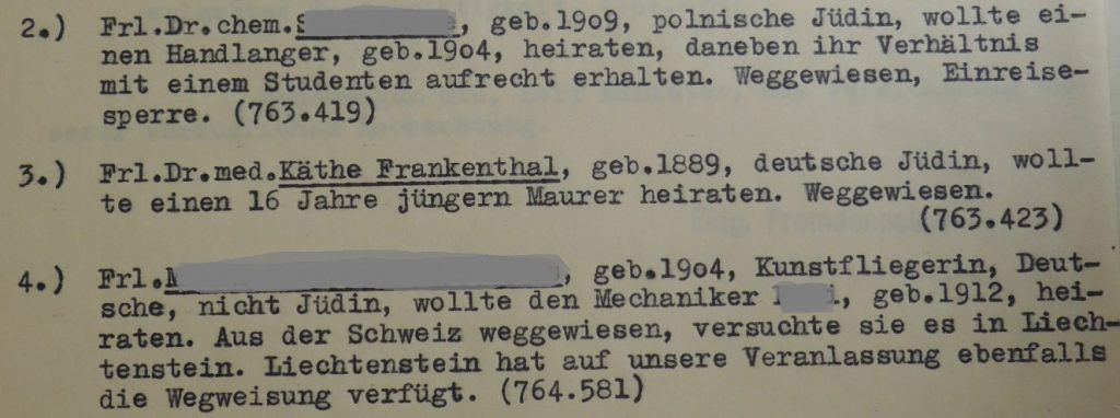 Ausschnitt aus einer Liste verdächtiger „Fälle“, Schreiben der Eidgenössischen Fremdenpolizei Bern an das Eidgenössische Politische Departement, Abteilung für Auswertiges, 16.02.1935