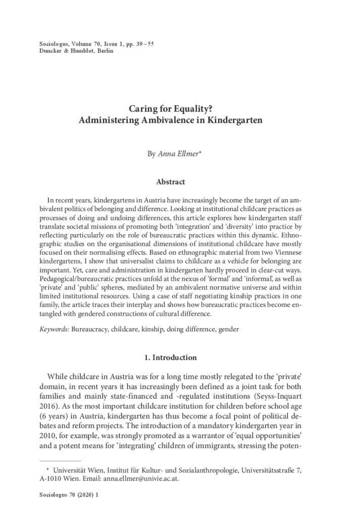 Title page of "Caring for Equality? Administering Ambivalence in Kindergarten." by Anna Ellmer. 