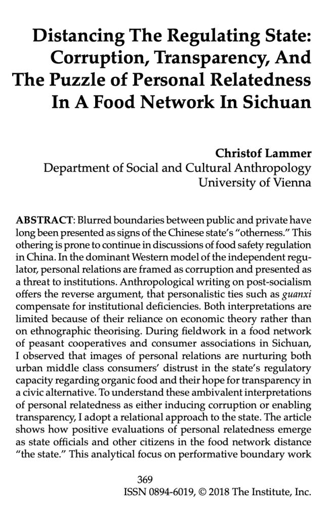 Title page of the article "Distancing the Regulating State: Corruption, Transparency and the Puzzle of Personal Relatedness in a Food Network in Sichuan" by Christof Lammer. 