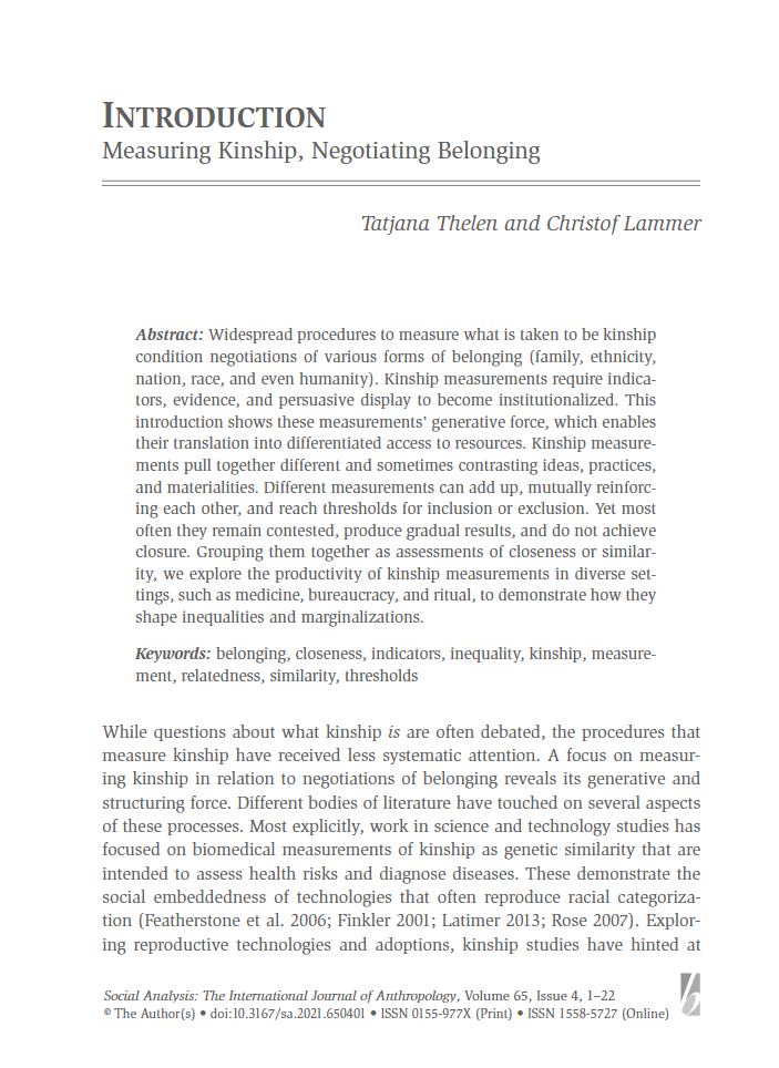 Title page of the introduction to the Special Issue of Social Analysis 65 (4) "Measuring Kinship: Gradual Belonging and Thresholds of Exclusion" by Tatjana Thelen and Christof Lammer. 