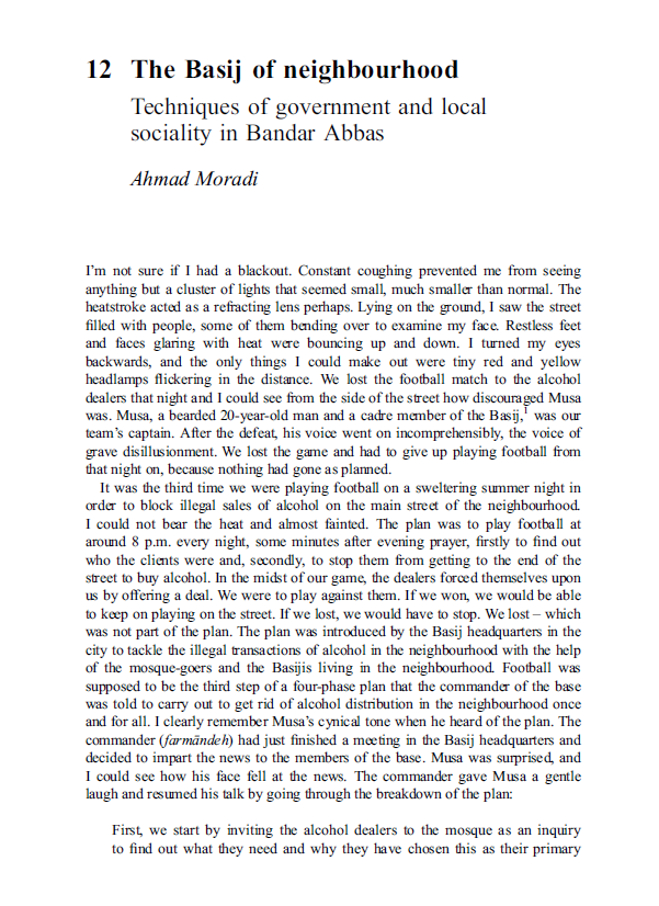 Title page of the book chapter "The Basij of Neighbourhood: Techniques of Government and Local Sociality." by Ahmad Moradi. 