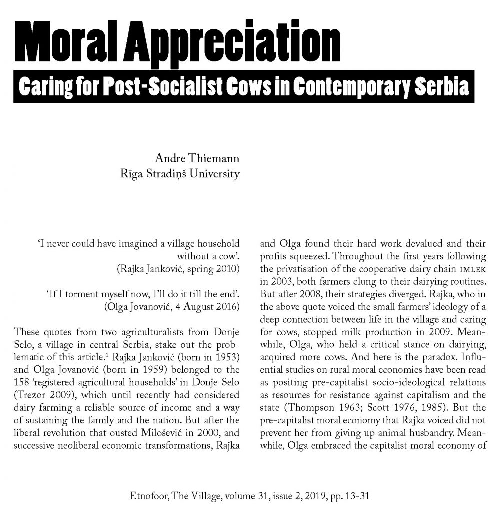 Title page of the article "Moral Appreciation. Caring for Post-Socialist Cows in Contemporary Serbia." by André Thiemann. 