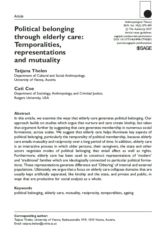 Title page of the article "Political belonging through elder care: Temporalities, representations and mutuality" by Tatjana Thelen and Cati Coe. 