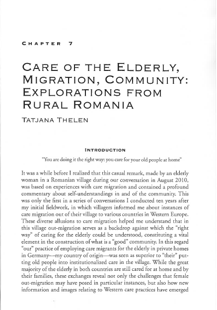 Title page of the book chapter "are of the Elderly, Migration, Community: Explorations from Rural Romania." by Tatjana Thelen. 