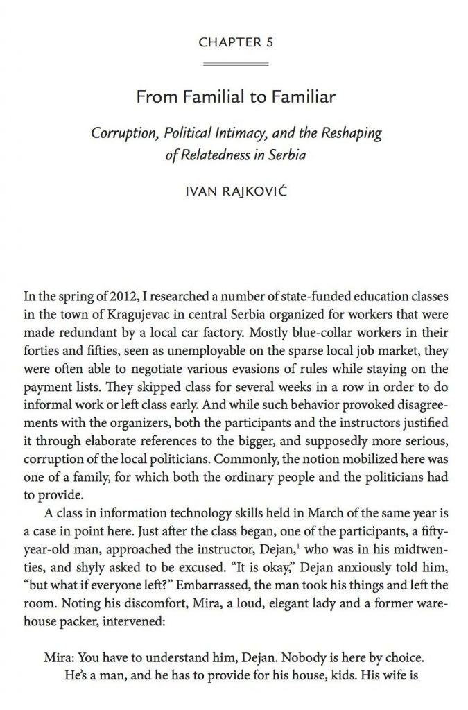 Title page of the book chapter "From Familial to Familiar – Corruption, Political Intimacy, and the Reshaping of Relatedness in Serbia" by Ivan Rajkovic. 