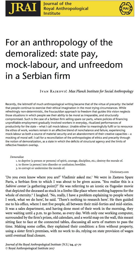 Title page of the article "For an Anthropology of the Demoralized: State Pay, Mock-labour, and Unfreedom in a Serbian Firm." by Ivan Rajkovic.