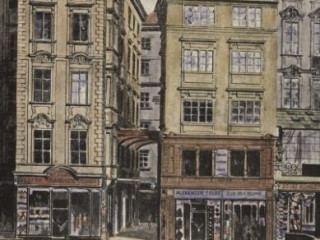 Druck aus 1890 der Häuserfassaden in der Glockengasse um 1890 zeigt.