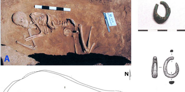 Foto von Remontnoye (3766-3637 calBCE), mit einem spiralförmigen Schläfenring, der später eines der konsistenten artefaktischen Merkmale von Yamnaya-Gräbern sein würde, aber ihre seitlich zusammengezogene Haltung war wie Maikop, nicht Yamnaya, und sie hat etwa 40% Maikop-ähnliche genetische Abstammung. Interessantes Bild wegen der Mischung von Merkmalen.