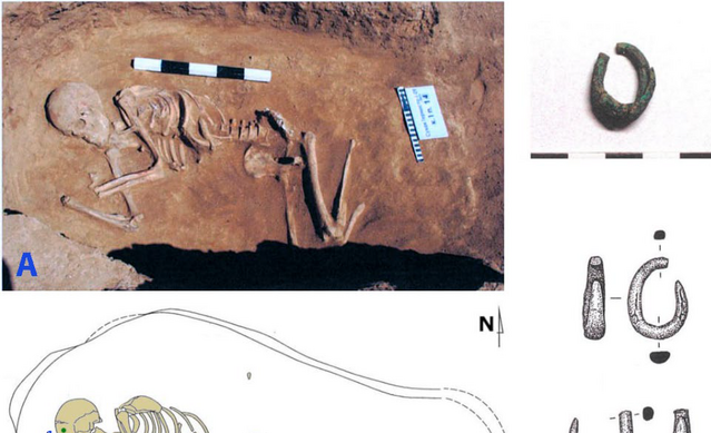 Foto von Remontnoye (3766-3637 calBCE), mit einem spiralförmigen Schläfenring, der später eines der konsistenten artefaktischen Merkmale von Yamnaya-Gräbern sein würde, aber ihre seitlich zusammengezogene Haltung war wie Maikop, nicht Yamnaya, und sie hat etwa 40% Maikop-ähnliche genetische Abstammung. Interessantes Bild wegen der Mischung von Merkmalen.