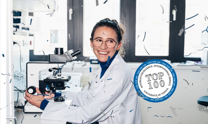 Picture of researcher and graphic badge "Uni Vienna Top 100"