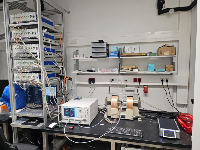 Experimenteller Aufbau mit inversem Design, bestehend aus dem Gerät selbst, das zwischen den Polschuhen eines Elektromagneten montiert ist, einem Vektornetzwerkanalysator (VNA), den fünf Mehrkanal-Stromquellen, weiteren Komponenten und einem PC, mit dem die Algorithmen zur Lösung des inversen Problems ausgeführt werden.