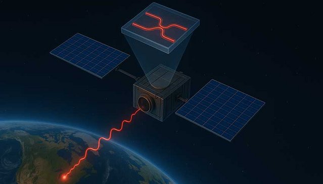 Illustration des Satelliten mit Quantencomputer.