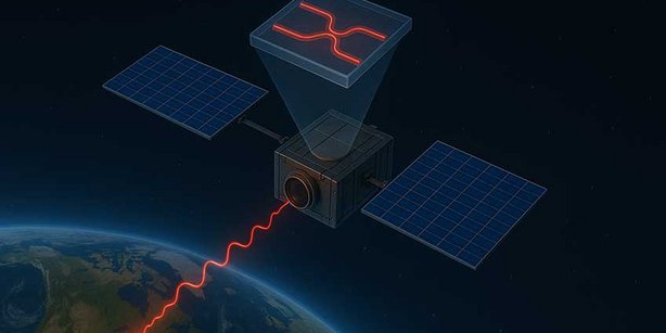 Illustration des Satelliten mit Quantencomputer.