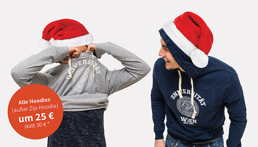 © Universität Wien Zwei Menschen im Uni Wien-Hoodie und Nikolo-Mütze