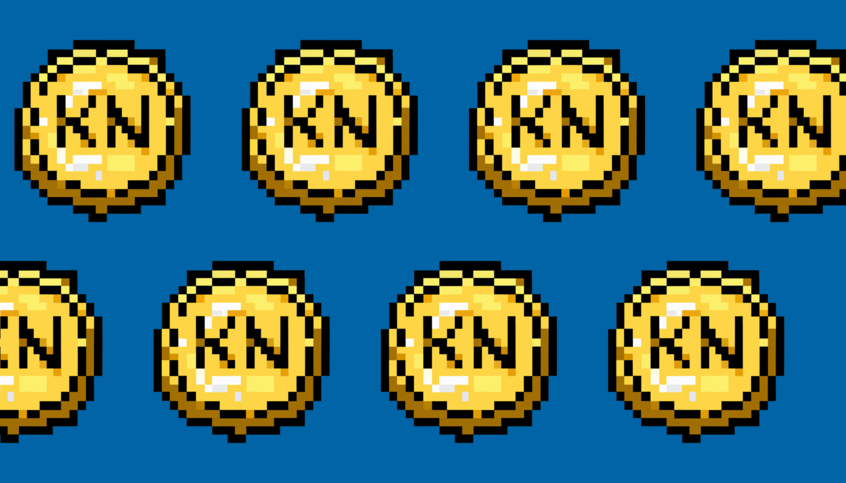 Pixel Art: Münzen mit der Prägung "KN" im Raster.