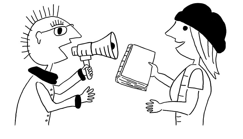 © Fritz Blakolmer; technischer Support: Kristina Klein Ein Cartoon von einem Mann, der in ein Megafon spricht, und einer Frau, die dem ein Buch dagegenhält.