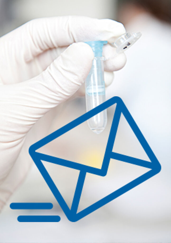 ForscherIn im Labor und Symbol für Postnachricht