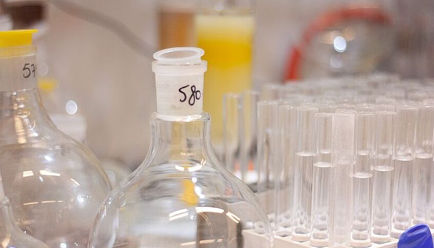(C) Giovanni Di Mauro/Maulide Gruppe Flaschen und Röhrchen in einem Chemielabor