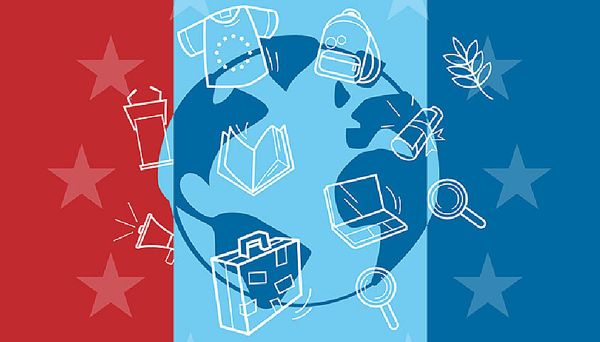 Illustration with the planet, stars around it and icons like a suitcase, shirt, laptop, ...