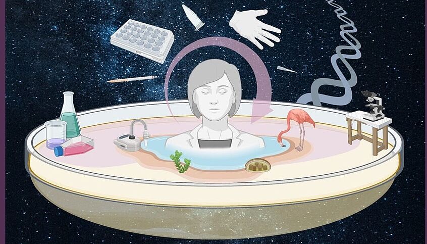 Grafik:Hintergrund Weltall in der Mitte sitzt eine Person in einer Art Ufo. Rund um die Person fliegen Laborutensilien wie Pipetten
