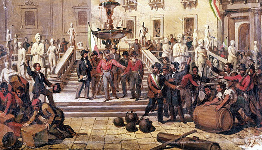 © Wikimedia Commons Gemälde von Garibaldi auf der Piazza Pretoria in Palermo im Jahr 1860